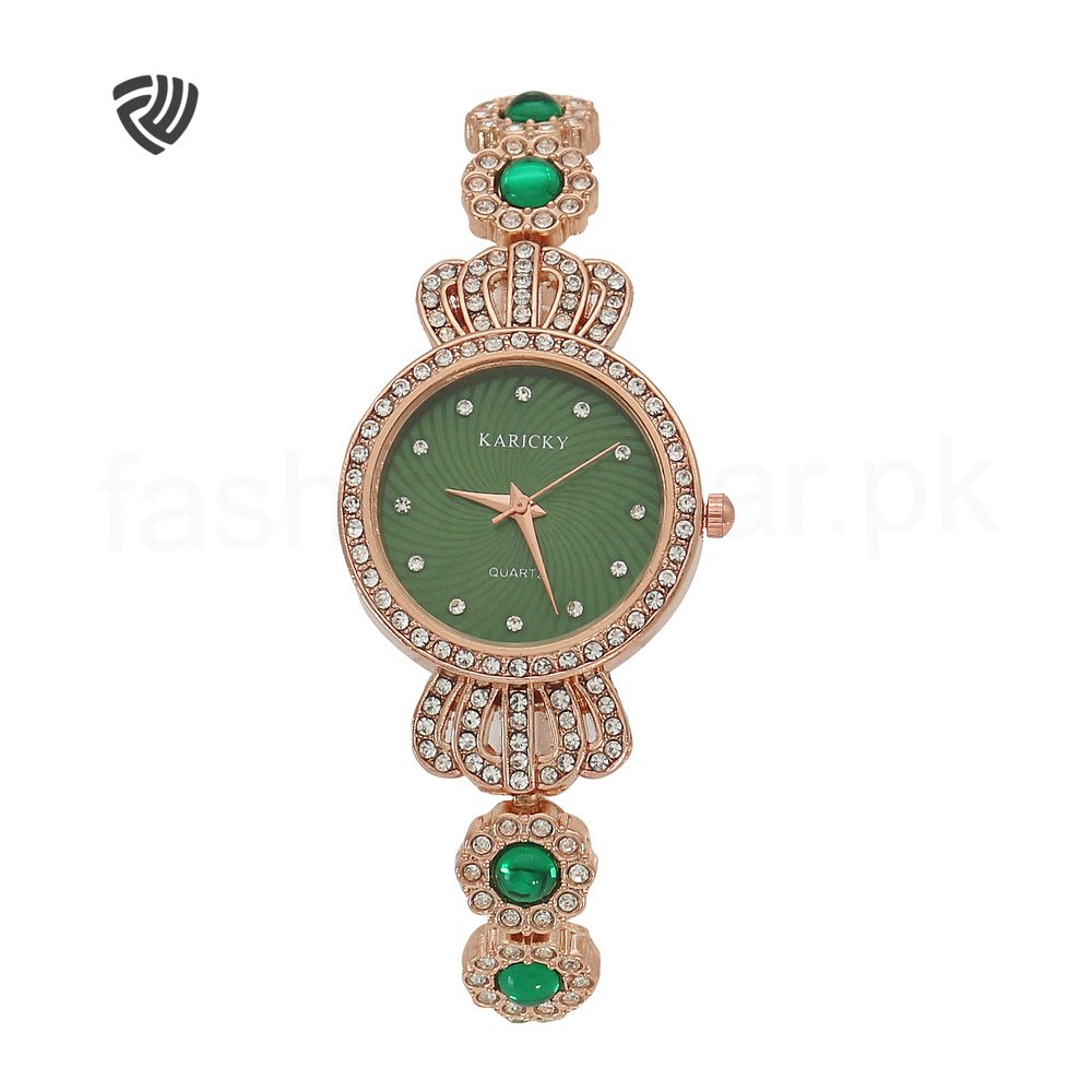 Golden with Green Pearls Chain Watch for Women