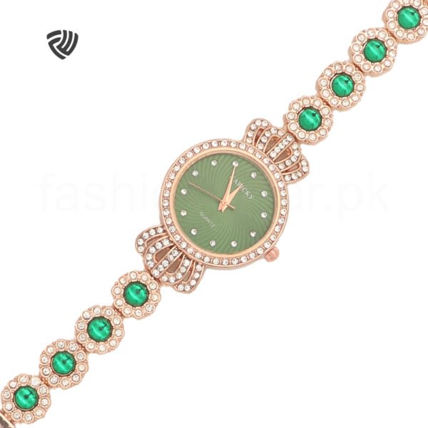 Golden with Green Pearls Chain Watch for Women - Image 3