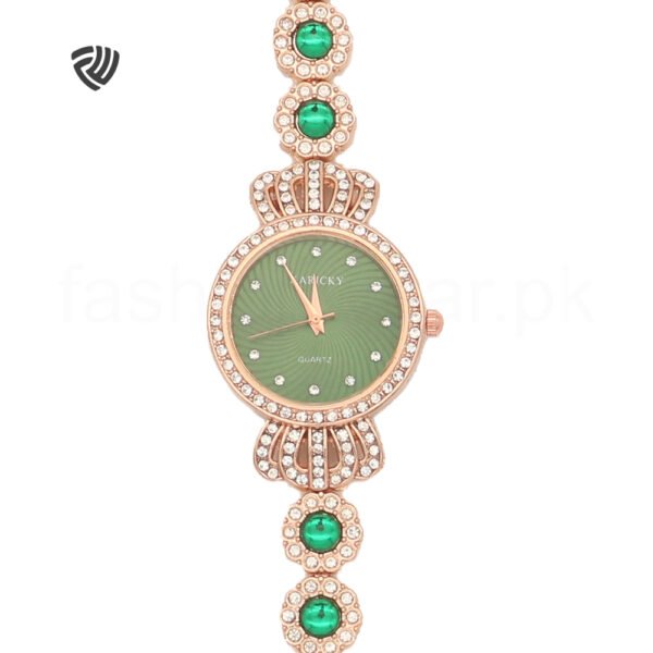 Golden with Green Pearls Chain Watch for Women - Image 2